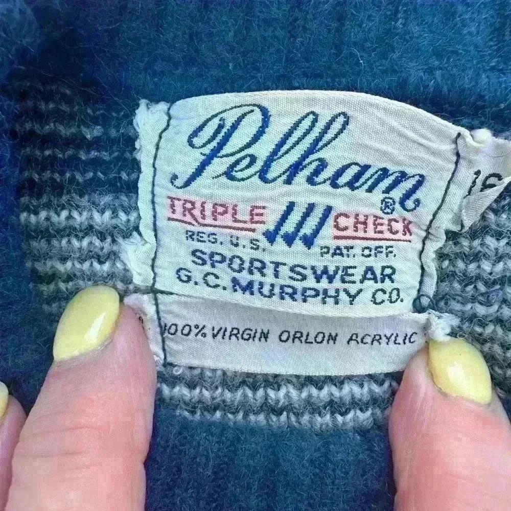 Vintage Pelham sweater. 100% Virgin Acrylic. Blue black cream gray - Picture 8 of 8